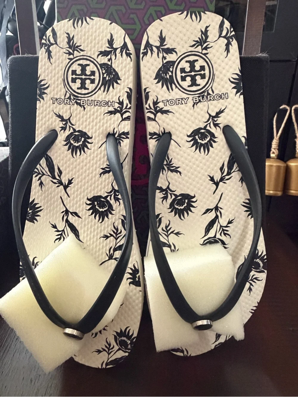 Tory Burch Navy  and White Floral Thong Sandals